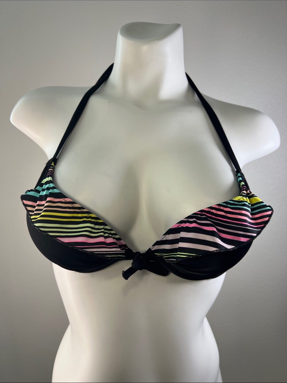 Victoria's Secret Black Halter Bikini Top with Stripe Flutter Accents 34A